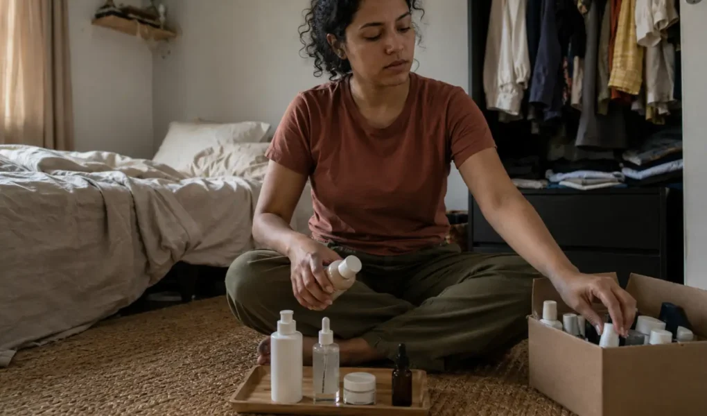 Mulher jovem escolhendo quais cosméticos realmente fazem sentido em sua rotina