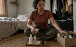 Mulher jovem escolhendo quais cosméticos realmente fazem sentido em sua rotina