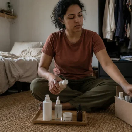 Mulher jovem escolhendo quais cosméticos realmente fazem sentido em sua rotina