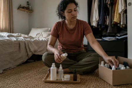 Mulher jovem escolhendo quais cosméticos realmente fazem sentido em sua rotina