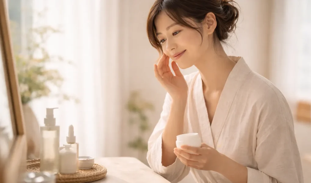 mulher aplicando hidratante em rotina minimalista com luz natural suave