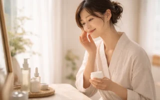 mulher aplicando hidratante em rotina minimalista com luz natural suave