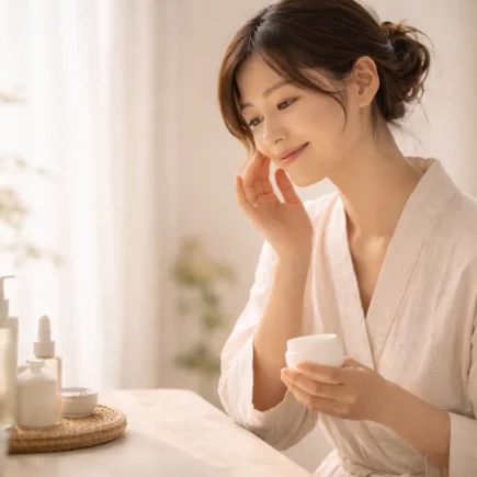 mulher aplicando hidratante em rotina minimalista com luz natural suave