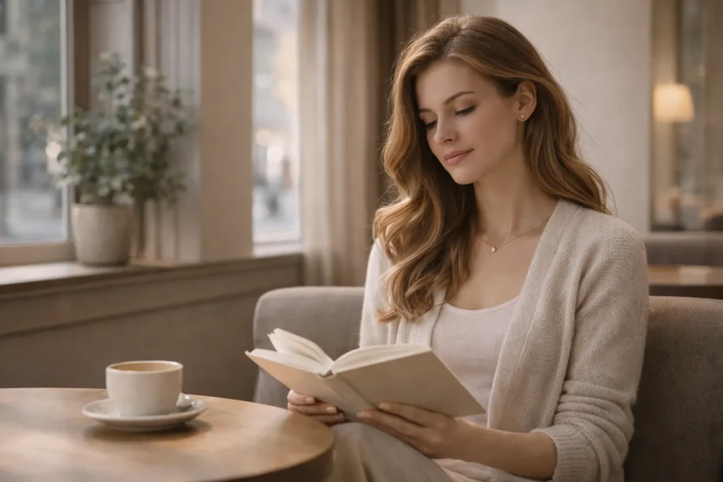 mulher lendo sozinha em café representando conexão interior
