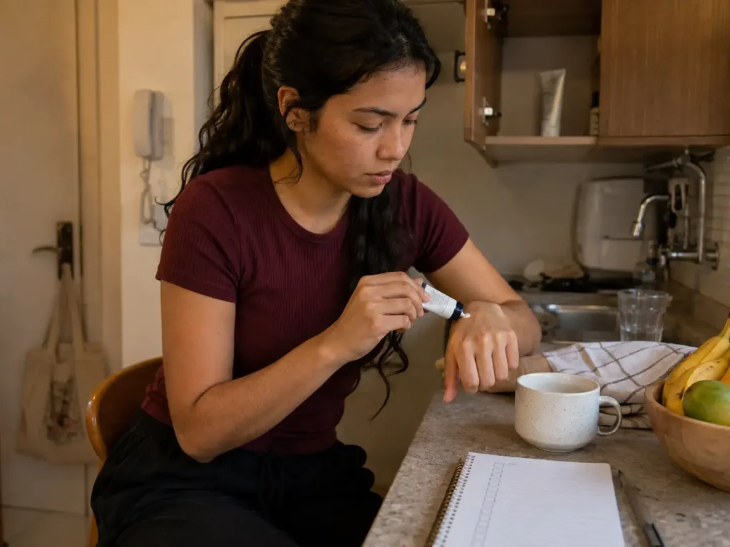 Mulher jovem utilizando o restante de um cosmético antes de abrir outro produto