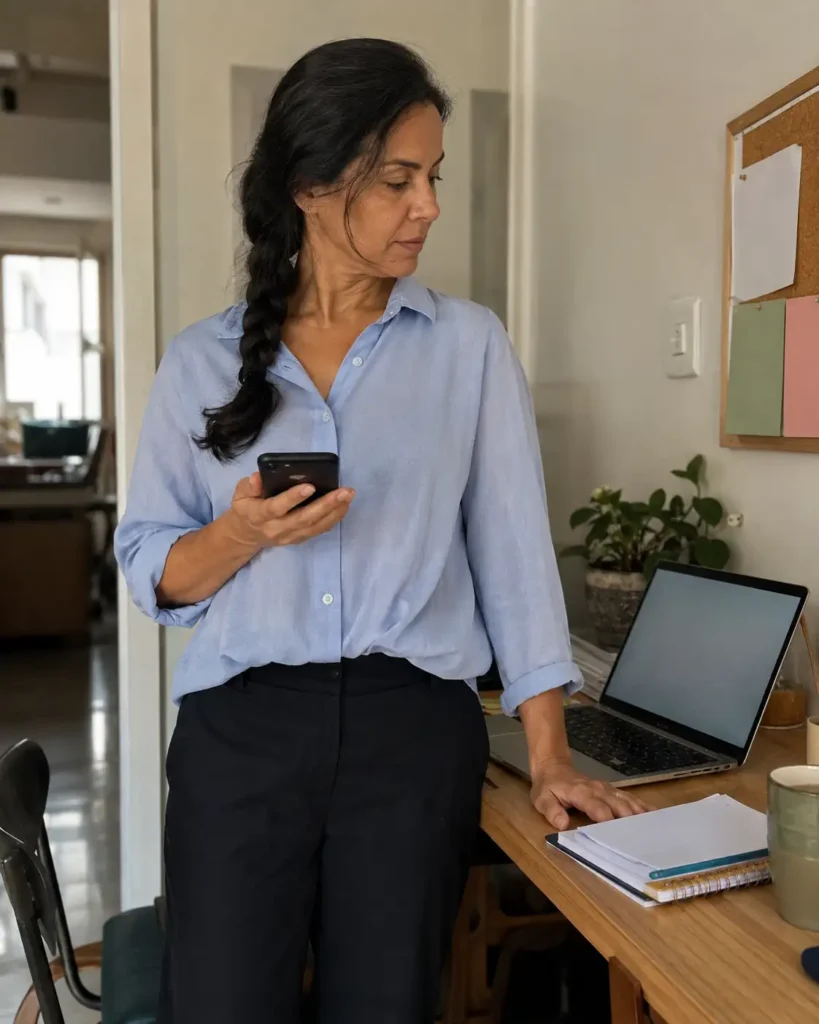Mulher usando o celular com uma finalidade definida durante a rotina de trabalho