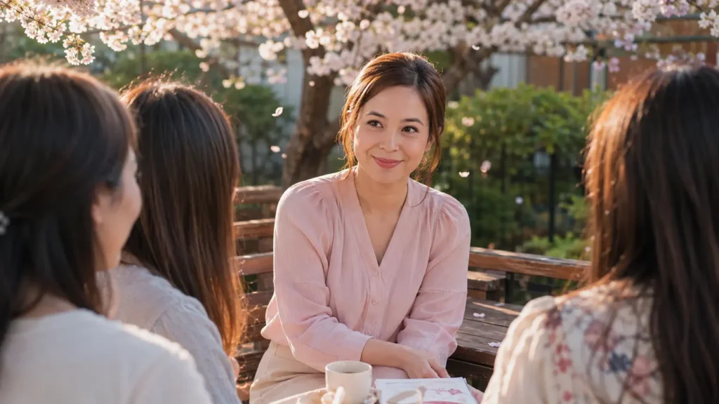 Mulher sorrindo em um ambiente com cerejeiras representando encontro e comunidade feminina