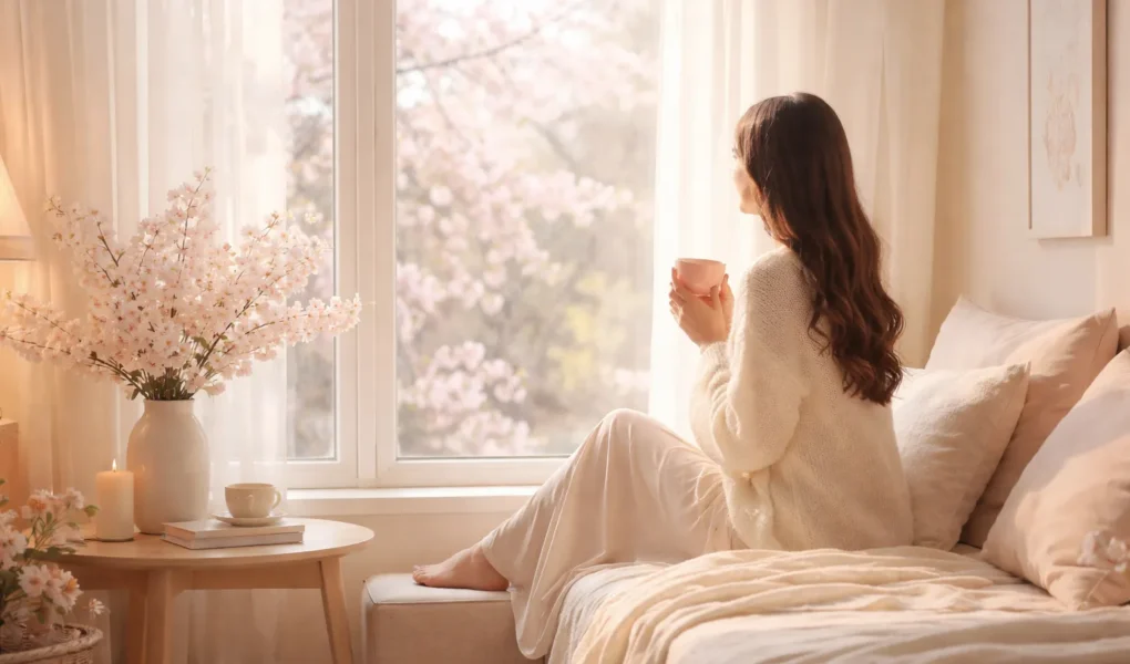 Mulher em ambiente tranquilo perto da janela com flores de cerejeira, representando autocuidado e vida leve