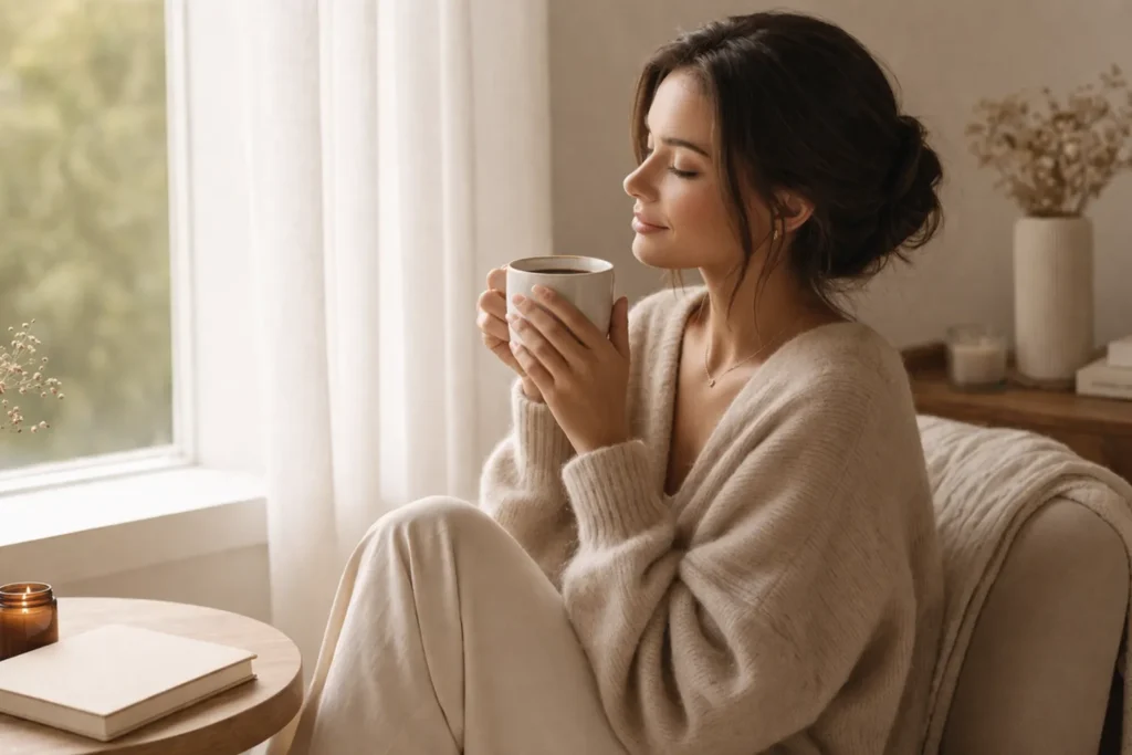 momento simples mulher elegante café