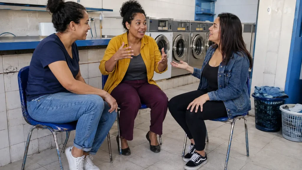 Três mulheres jovens conversam em uma lavanderia de bairro, com entusiasmo, escuta e participação equilibrada.