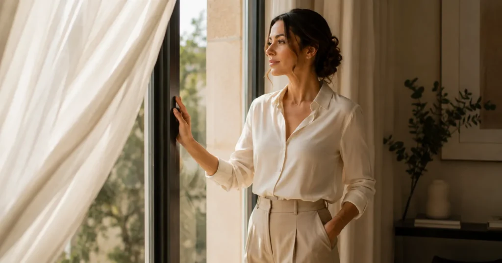 mulher delicada e forte em ambiente elegante