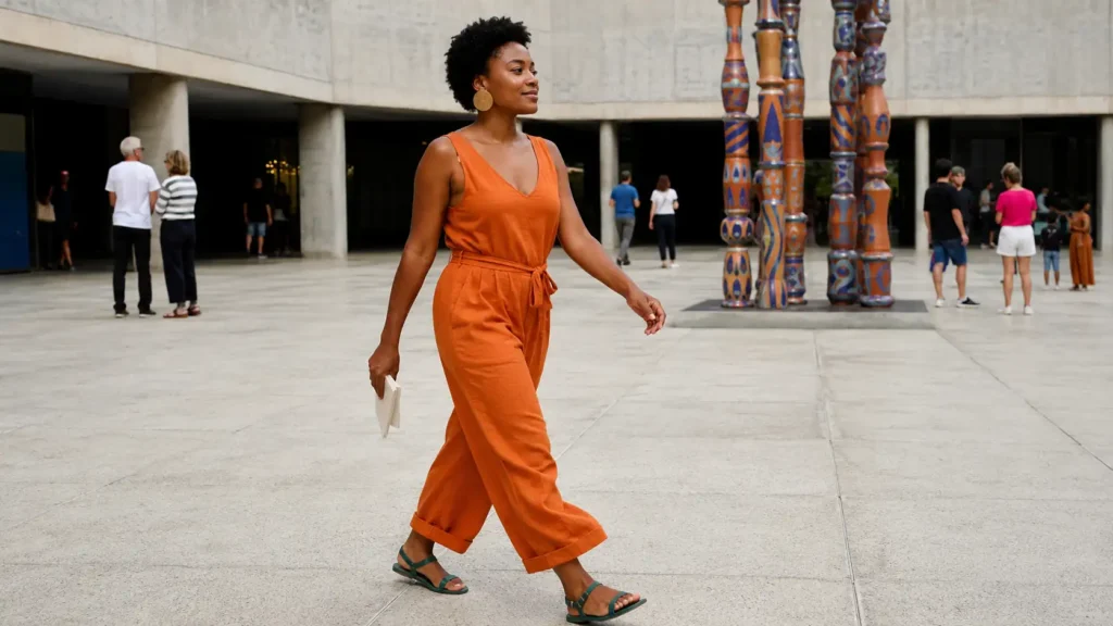 Mulher jovem usando um estilo marcante de maneira natural e confortável