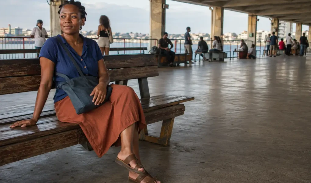Mulher jovem sentada em terminal hidroviário brasileiro, tranquila e presente enquanto aguarda o embarque.