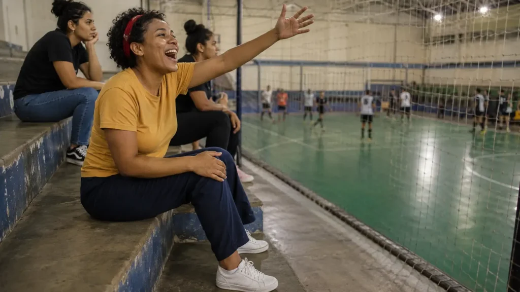 Mulher jovem torce com alegria espontânea durante uma partida feminina de futsal em ginásio municipal.
