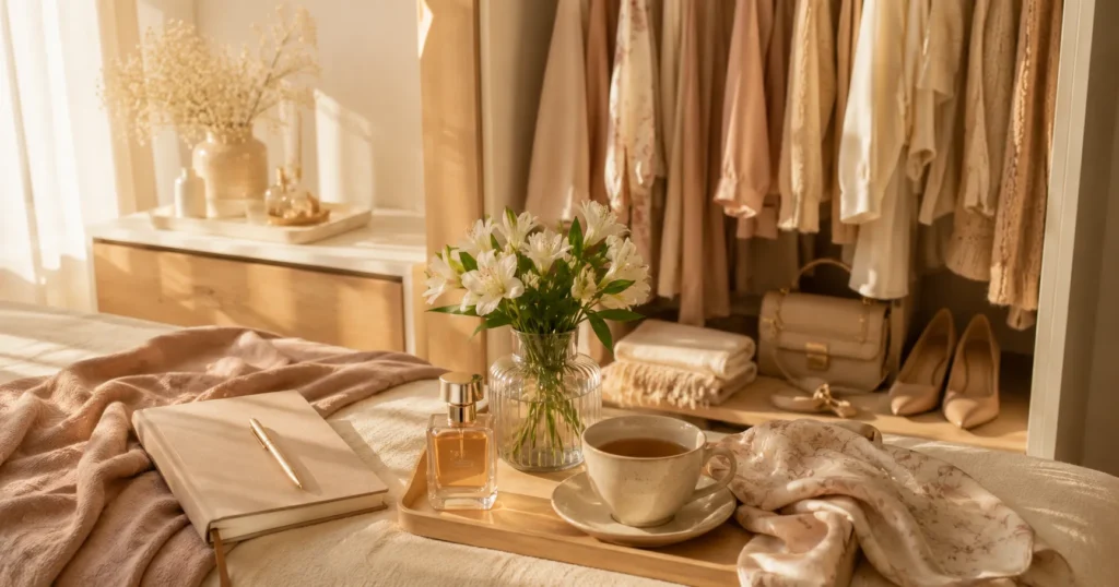 detalhes visuais femininos organizados com delicadeza