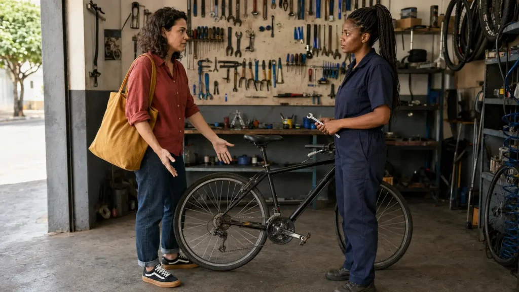 Cliente conversa com mecânica de bicicletas de forma firme e respeitosa em uma oficina de bairro.