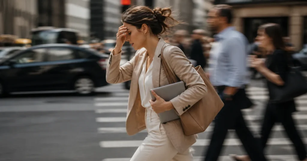 mulher com pressa andando na cidade elegância