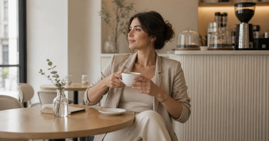 mulher elegante confiante café minimalista
