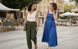 Duas mulheres jovens com estilos diferentes caminhando lado a lado sem competição ou comparação
