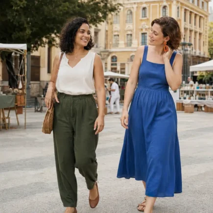 Duas mulheres jovens com estilos diferentes caminhando lado a lado sem competição ou comparação