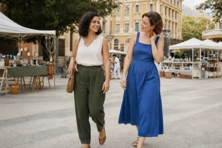 Duas mulheres jovens com estilos diferentes caminhando lado a lado sem competição ou comparação