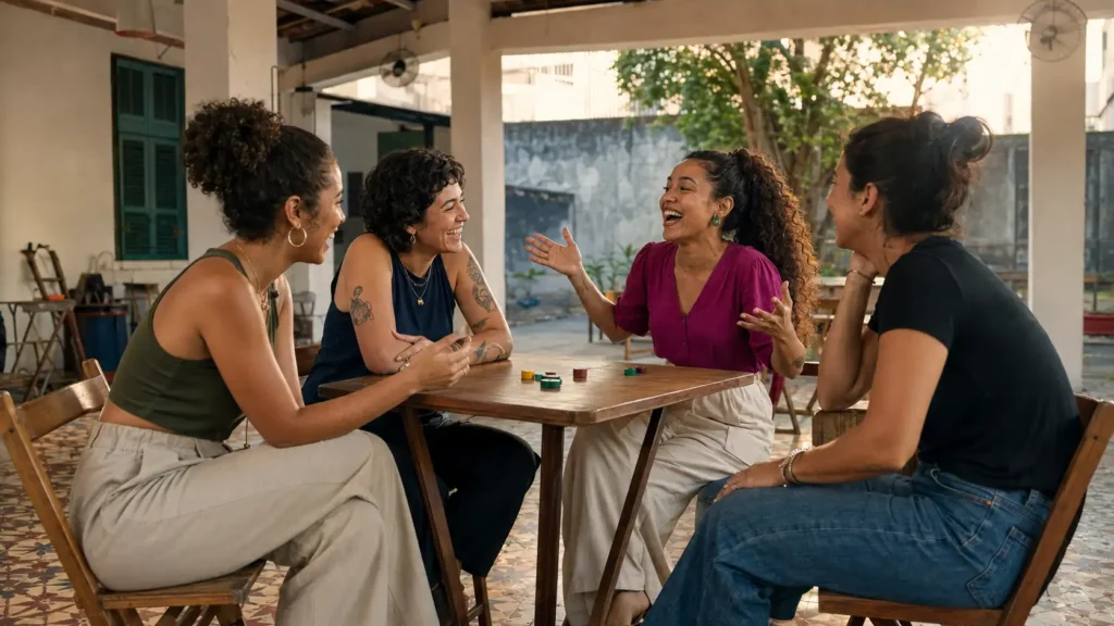 Mulher jovem falando com entusiasmo em um encontro social sem esconder sua personalidade