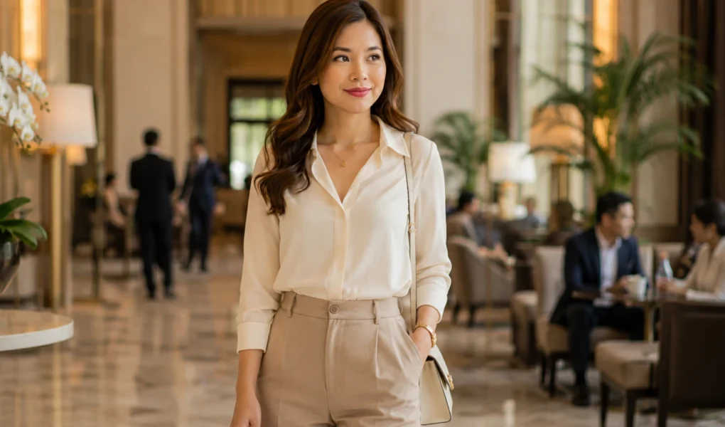 mulher elegante em público com postura refinada