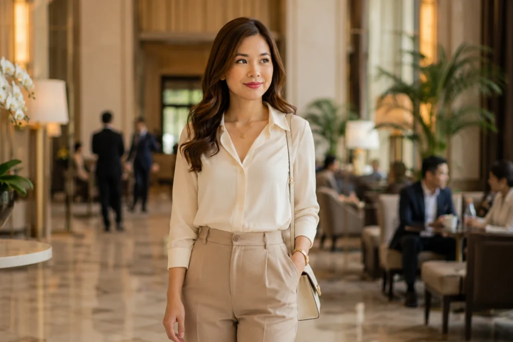 mulher elegante em público com postura refinada