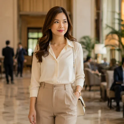 mulher elegante em público com postura refinada