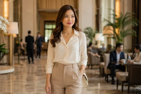mulher elegante em público com postura refinada