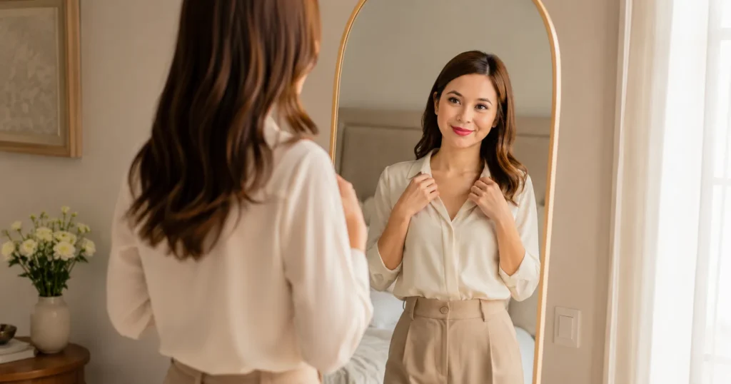 mulher com ombros relaxados e postura elegante