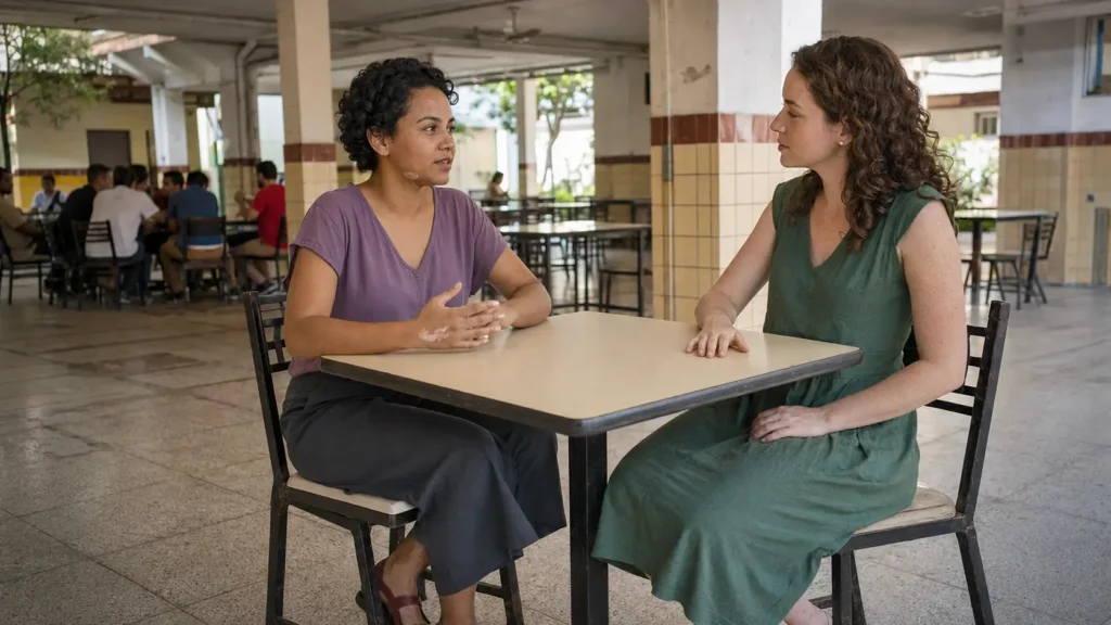 Duas amigas jovens conversam com atenção e privacidade em uma área tranquila de refeitório universitário.