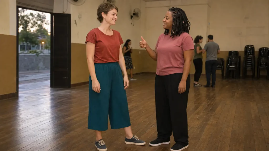 Mulher jovem recebe um elogio de uma amiga durante a pausa de uma aula comunitária de dança.