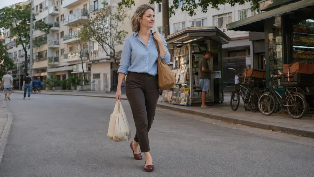 Mulher jovem usando novamente uma combinação de roupas que funciona bem para sua rotina