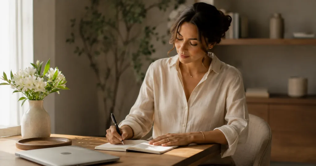 mulher escrevendo em diário com expressão serena