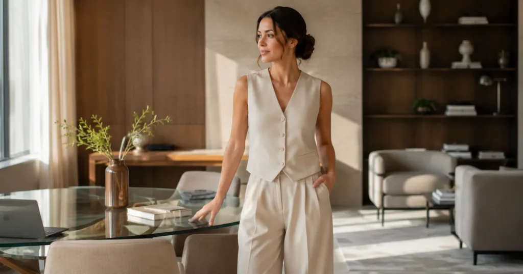 mulher feminina segura em ambiente profissional elegante