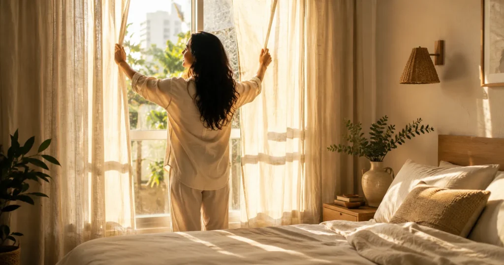 Mulher abrindo as cortinas e deixando a luz entrar pela manhã.
