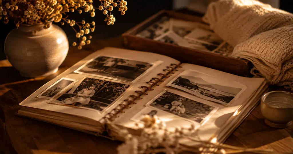 Álbum de fotografias representando memórias e momentos especiais.
