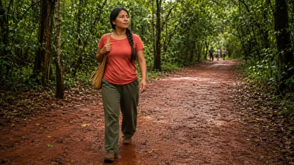 Mulher indígena brasileira caminha por uma mata de galeria acessível em um parque do Cerrado