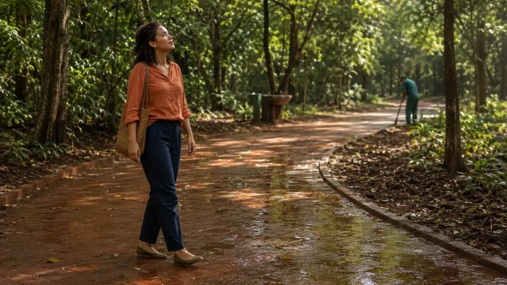 Mulher jovem reduz o passo para observar a luz entre as árvores em um bosque urbano brasileiro