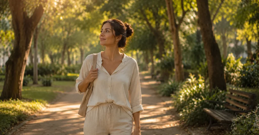 Mulher caminhando tranquilamente em um parque inspirada na filosofia Ichigo Ichie.