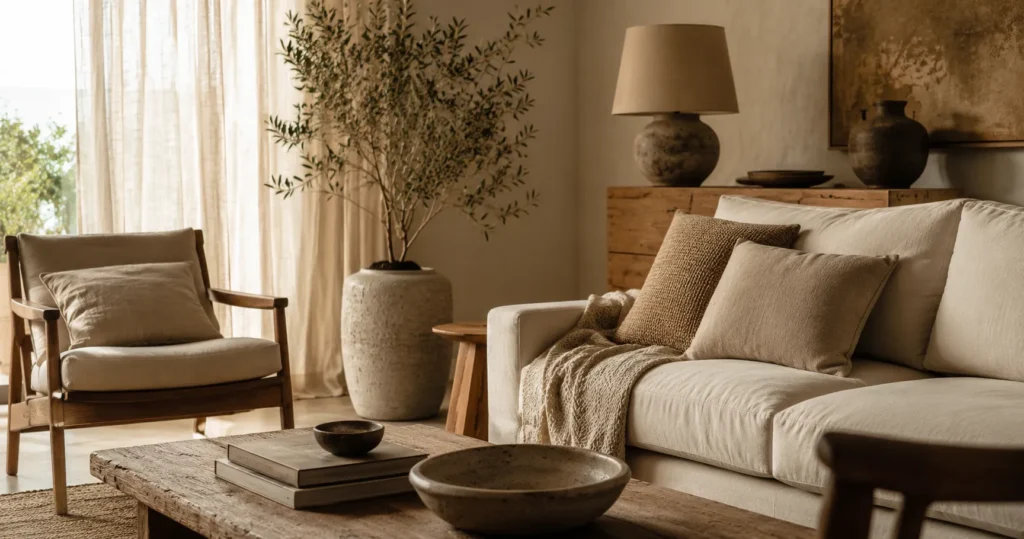 Sala acolhedora inspirada no estilo Wabi-Sabi