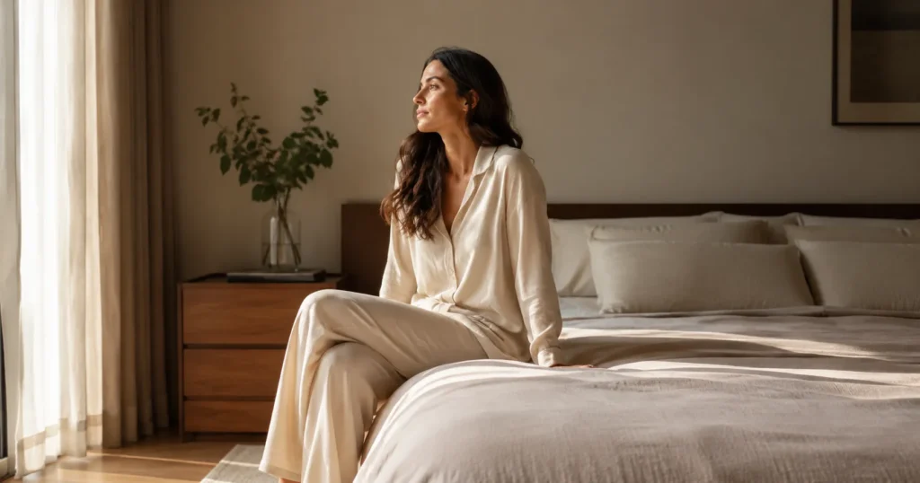 Mulher sentada em um quarto leve e organizado, em um momento de calma e bem-estar