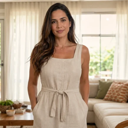 Mulher em uma sala clara e acolhedora, representando a elegância de uma casa leve