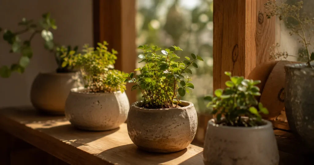 Pequenas mudas crescendo em vasos de cerâmica.