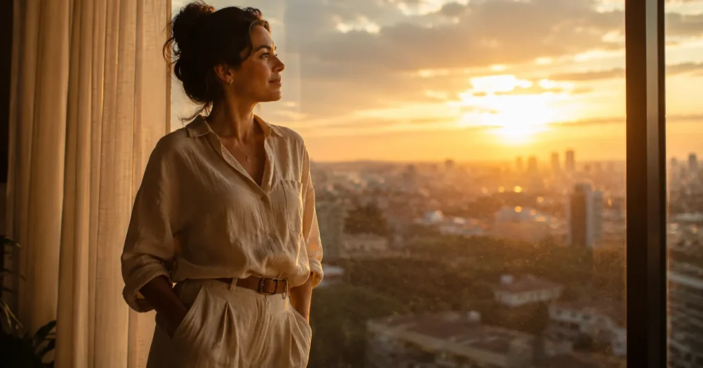 Mulher observando a cidade através da janela durante o pôr do sol.