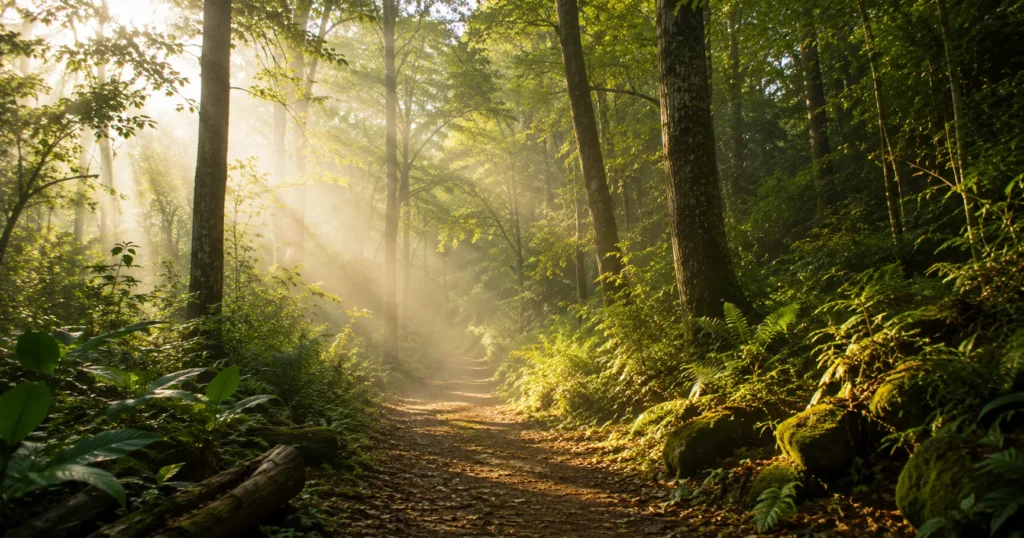 Trilha tranquila em uma floresta iluminada pelo sol.