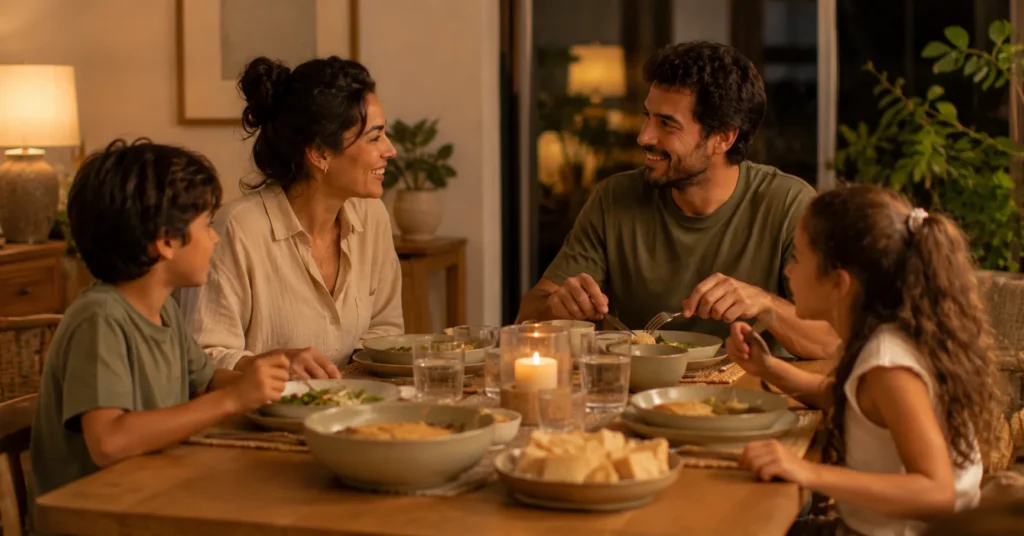 Família reunida durante uma refeição simples e acolhedora.