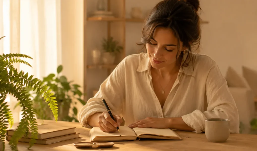 Mulher escrevendo metas simples inspiradas na filosofia japonesa Kaizen.