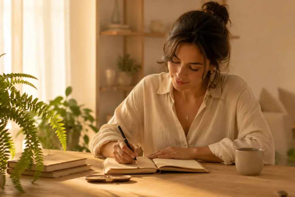 Mulher escrevendo metas simples inspiradas na filosofia japonesa Kaizen.
